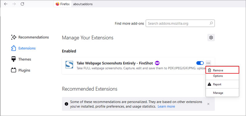  remove the extension in Mozilla Firefox