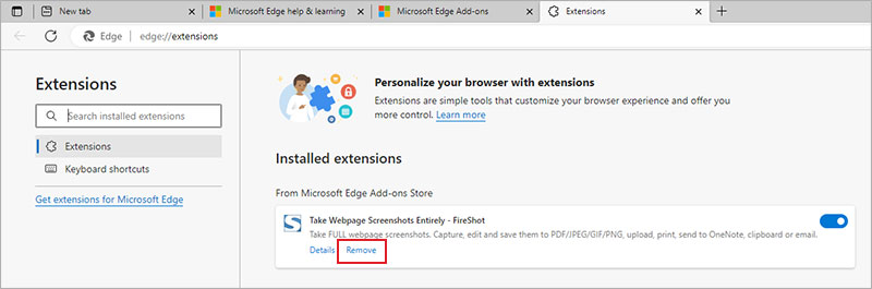 remove installed extension in Microsoft Edge