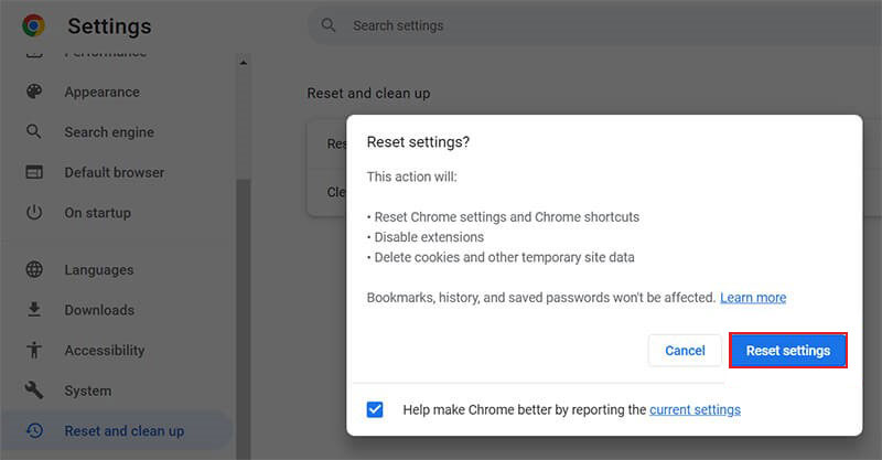 click Reset settings