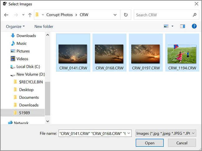select corrupt crw files and click open