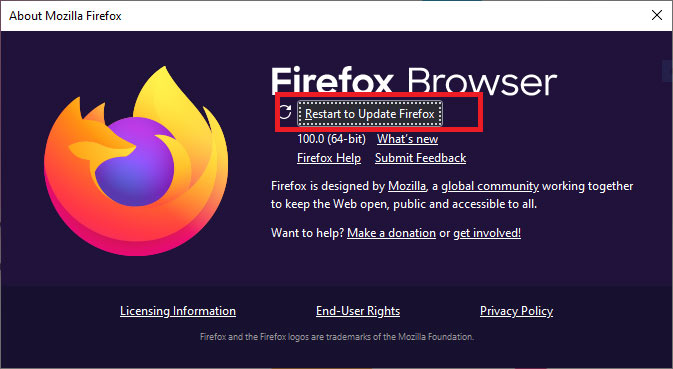 restart to update Firefox