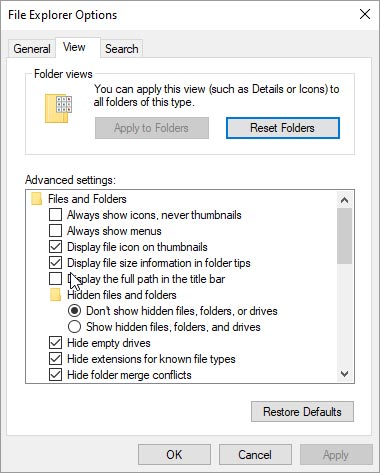 Restore Defaults in File Explorer