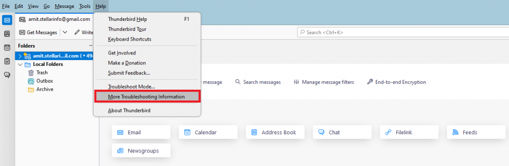 Launch Mozilla Thunderbird: Troubleshooting Information.