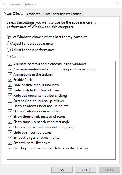 Visual Effects tab in Performance Options