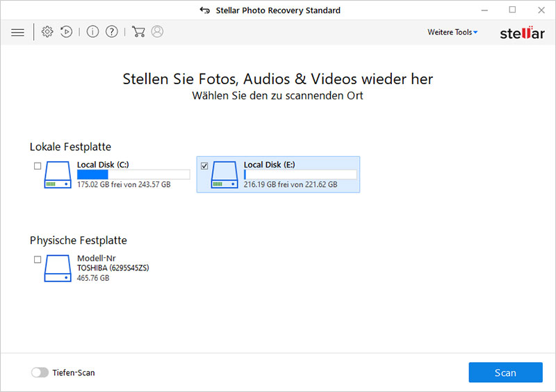 Speicherort für Scan aus wählen Stellar Photo Recovery