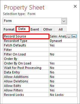 Click Data On Property Sheet To Check Record Source