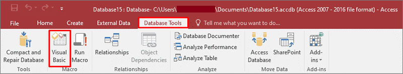 Click Database Tools And Select Visual Basic