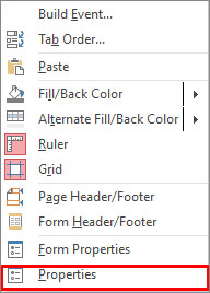 Click On Form Properties