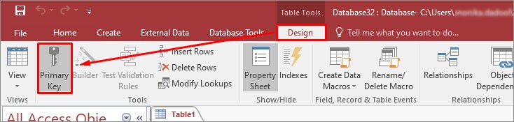 Under Design Tab, Click On Primary Key