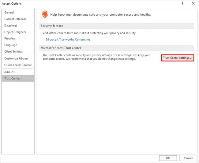 Click Trust Center Settings