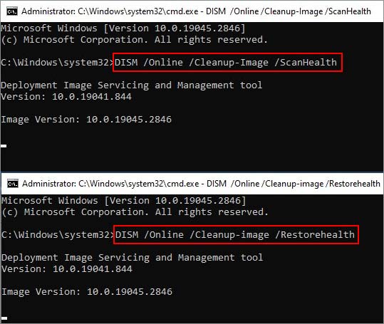 execute dism commands in cmd to fix the incorrect configuration error on windows 10