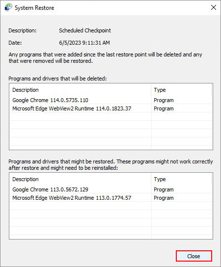 close the restore point scan window