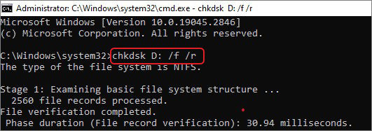 use chkdsk command in cmd to fix the fatal hardware error 