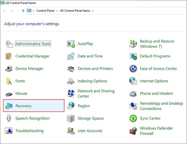 open recovery in control panel