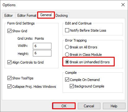Select Break On Unhandled Errors Under Error Trapping Section
