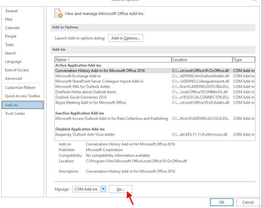 select go to option to manage the Outlook Add-Ins