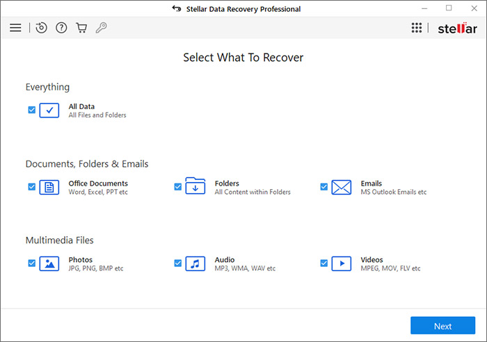 use stellar data recovery professional to recover any type of file type 