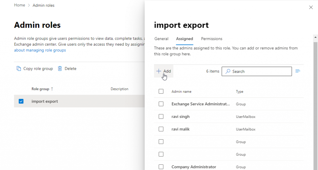 Select user account for Outlook PST file import role assignment