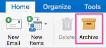 Selecting messages to archive in Outlook for Mac 2019.
Clicking on the 'Archive' option in the ribbon of Outlook for Mac 2019