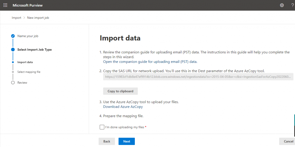 Click 'Show network upload SAS URL,' then click 'Copy to clipboard.' Next, choose 'Download Azure AzCopy' to get the Azure AzCopy tool, compatible with Windows, Linux, and macOS."