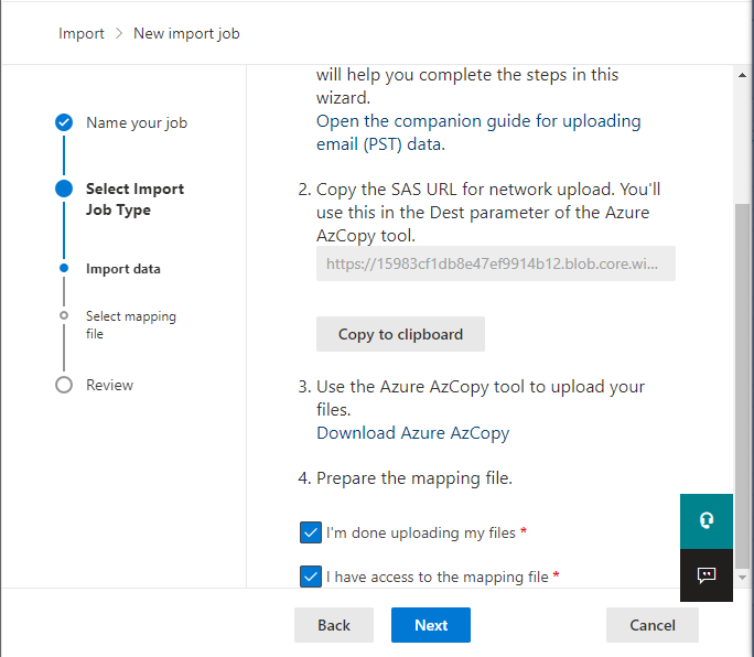 Ensure 'I'm done uploading my files' and 'I have access to the mapping file' checkboxes are checked, then click Next."