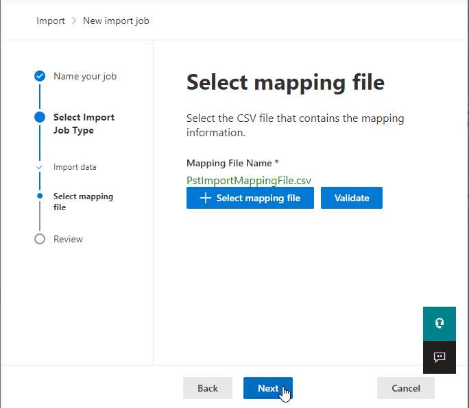 Choose '+Select mapping file,' upload the CSV mapping file, and click 'Validate.' After successful validation, click 'Next.'"