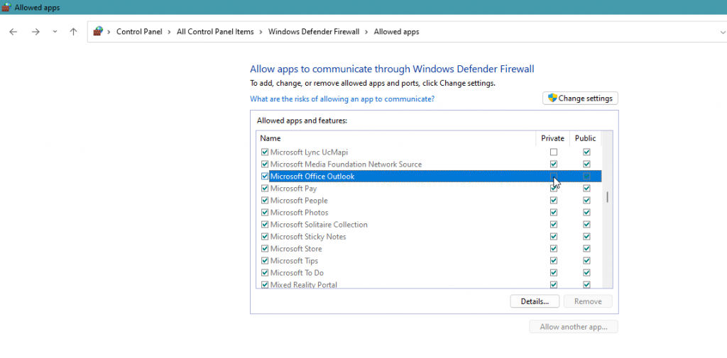 Allow Microsoft Outlook to communicate through firewall