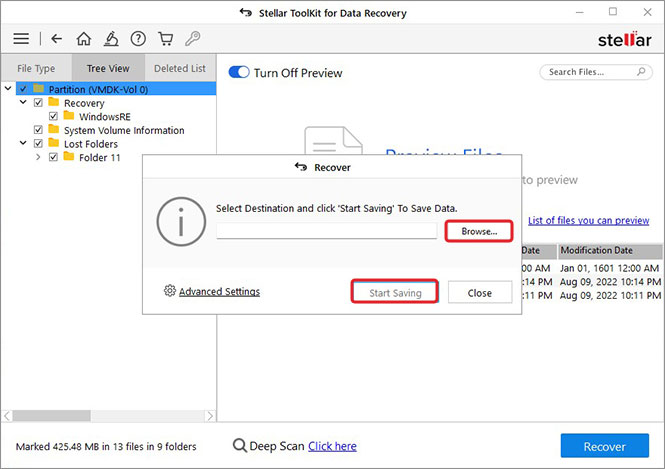click Browse to choose storage location and then Start Saving the files