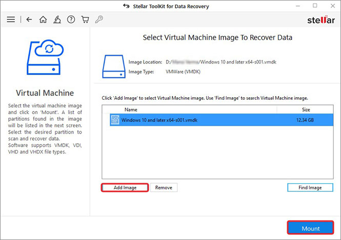 Click Add Image to add VMDK file and then click Mount