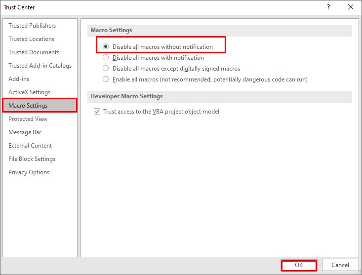 Click Macro Settings And Disable Macros Without Notifications