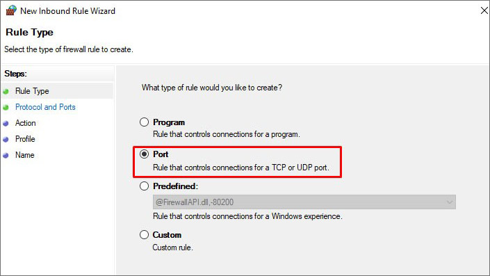 Click Port Under Type Of Rule Would You Like To Create Option