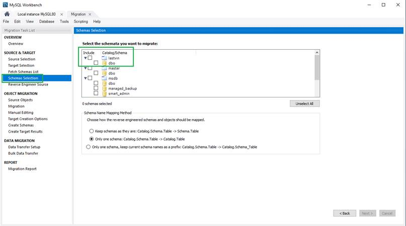 Including Schema for migrating Schema selection