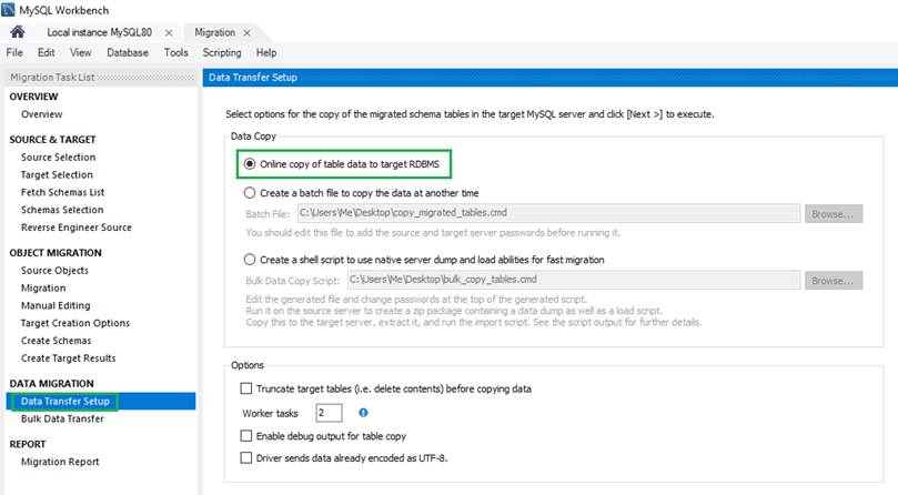 Online copy for Data Transfer Setup