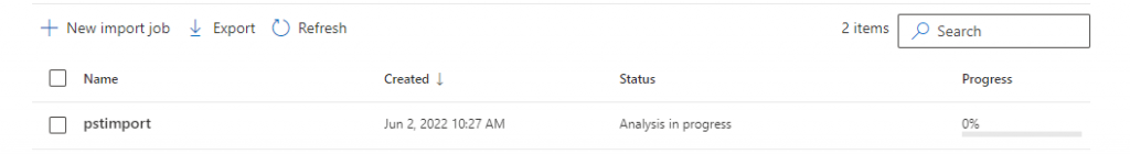 This action initiates the PST import into Exchange Online. Monitor the progress by checking the Information Governance section.