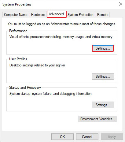 open performance settings in the system properties window