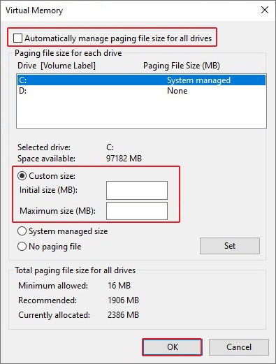 change paging file limits to fix the low virtual memory issue on windows computer