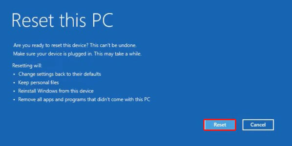 click on reset to reset the pc and fix the your pc did not start correctly error
