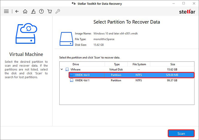 select VMDK file partition and click- scan