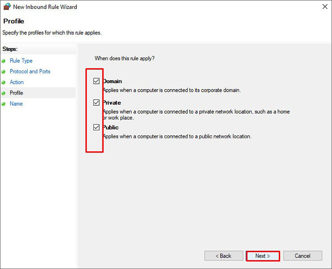 Select All The Profiles In New Inbound Rule Wizard