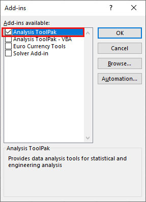 Select  Analysis Toolpak
