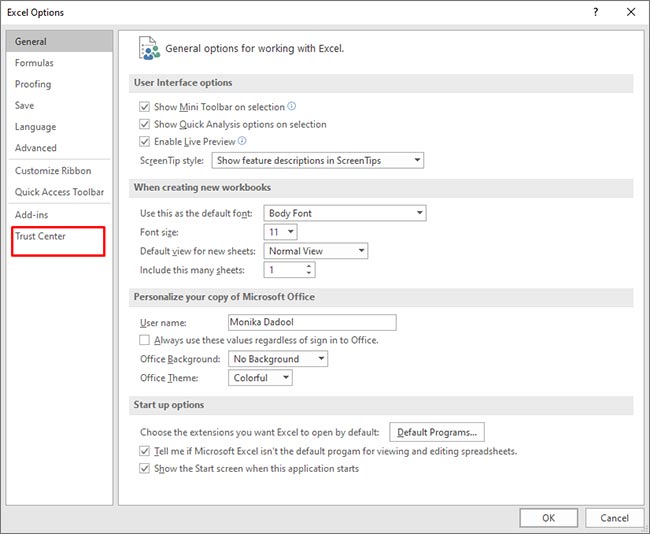 Trust Center In Excel Options