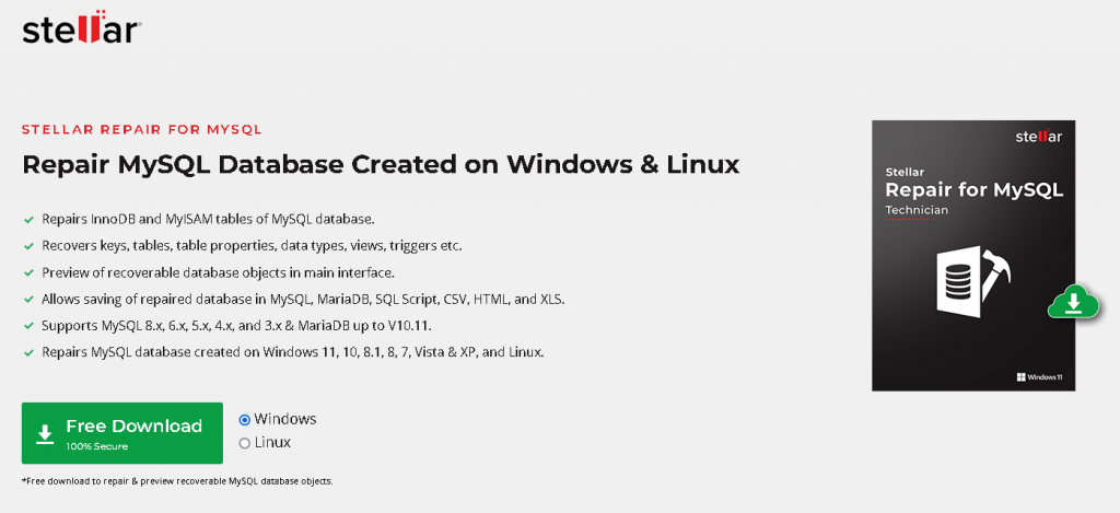Free Download button from choose Windows/Linux version from Stellar Repair for MySQL