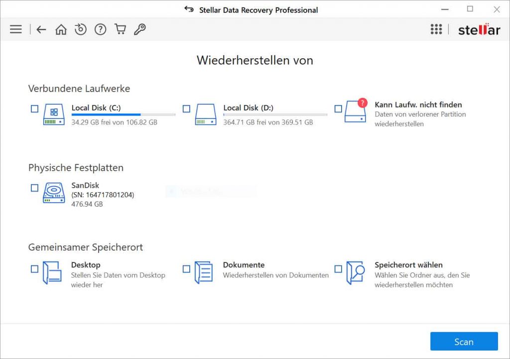 Scannen Sie das Laufwerk, von dem Sie die Daten verloren haben.