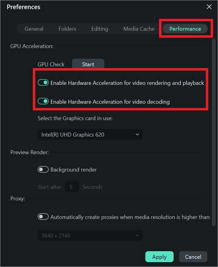 2- Activate GPU Acceleration to fix video lag after Filmora export