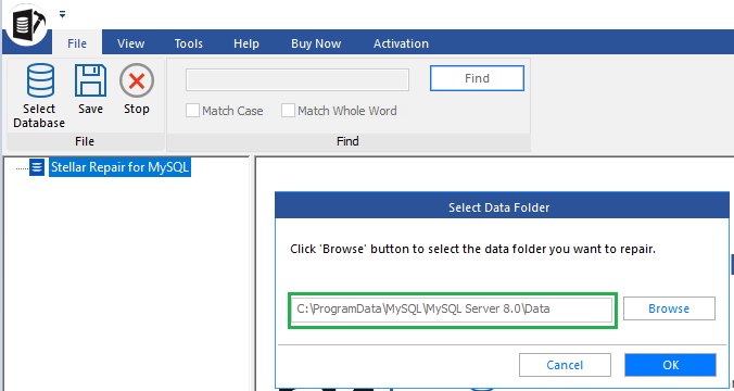 Enter database folder path, press OK button for file location.