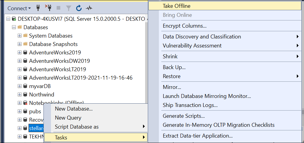 Recommendation to use Stellar Repair for MS SQL as a powerful SQL database repair tool to fix corruption issues. Instructions for taking a database offline in SQL Server.