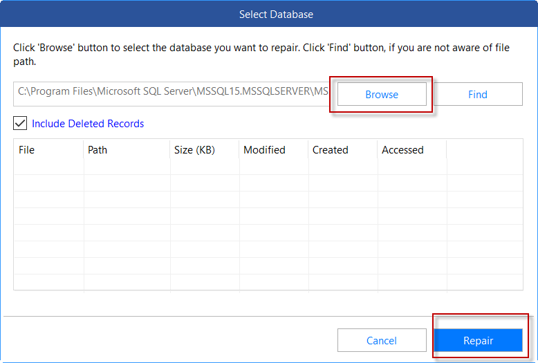 Using Stellar Repair for MS SQL to select MDF file for database repair and initiating the repair process by clicking Repair