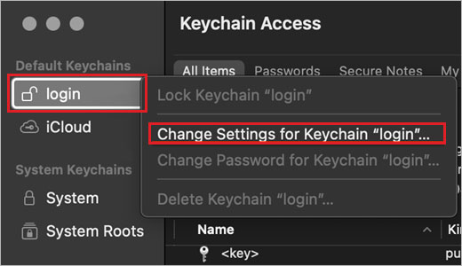 Applications → Utilities → Keychain Access → Default Keychains → Login → Change Settings for Keychain