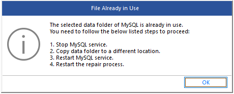 If data files in use, stop MySQL Service, restart recovery process.