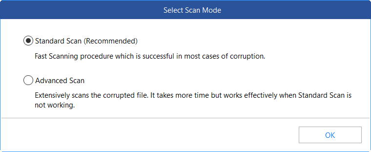 Selection of Standard Scan option demonstrated in Stellar Repair for MS SQL software.